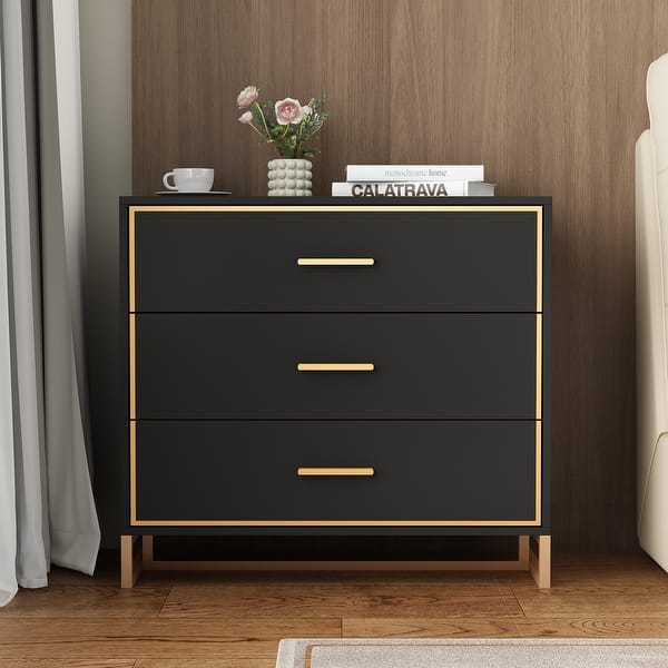 black three drawer dresser Harbor 3-Drawer Solid Wood with Brass Knobs Accented with woven Textilene rattan door fronts 31.5