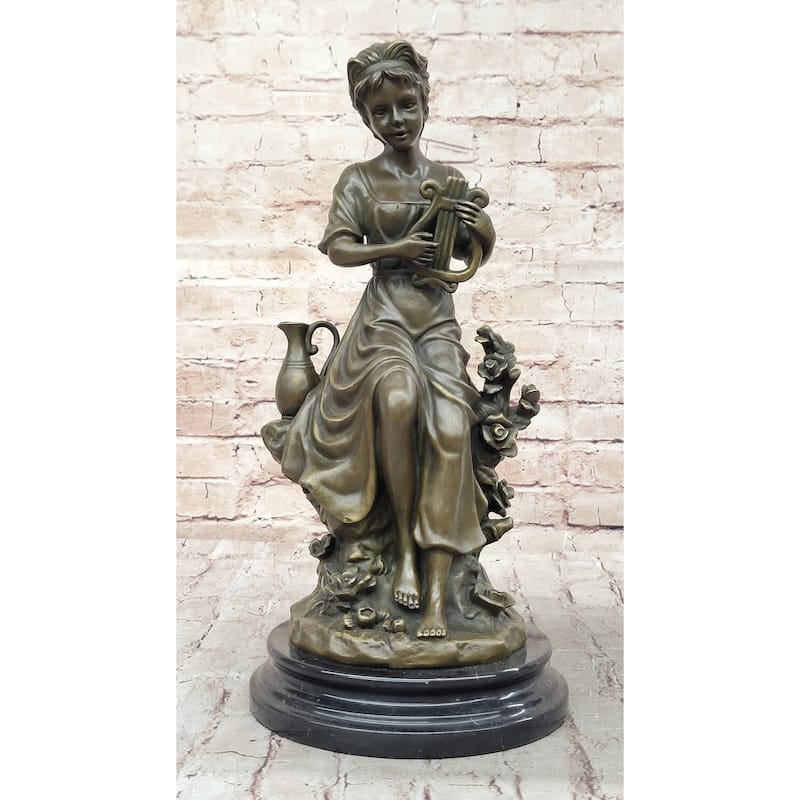 Classical Young Girl W/ Lyre Harp- Greek Roman Decor Bronze Sculpture By Milo