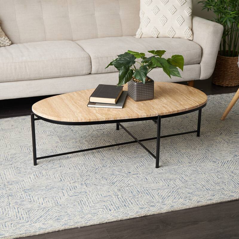 Marble Oval Coffee Table with Black Metal Support - Beige - Roche River Decor - 25"W x 45"L x 13"H