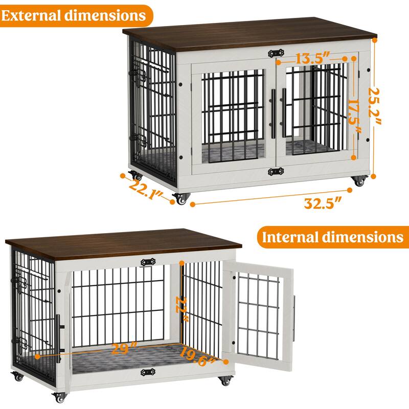 Dog Crate Indoor Heavy Duty Double Doors Wooden Dog Cage with Cushion