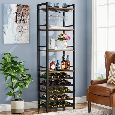 9-Tier Freestanding Floor Wine Rack, 20-Bottle Wine Bakers Rack with Glass Holder and Storage Shelves