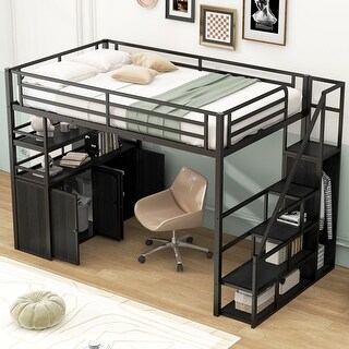 All-in-one Loft Bed Full Size Loft Bed Metal Bed Frame with Bookcase Stairs, Wardrobe, Lockers and Storage Shelves for Bedroom