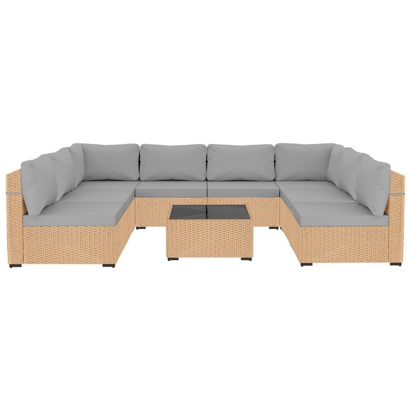 Patio Watcher Patio Conversation Set 9-Piece Yellow Wicker Sectional Seating Group with Cusions