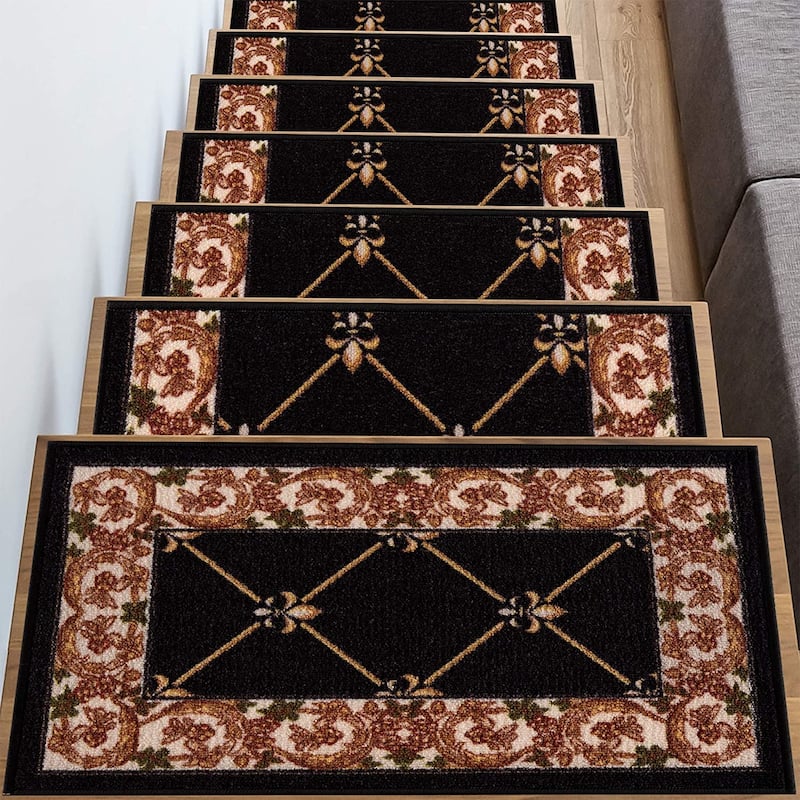 Stair Treads Fleur De Lis Floral Design Non Slip Backing, 8.5''X26'' - 1 Piece - Black