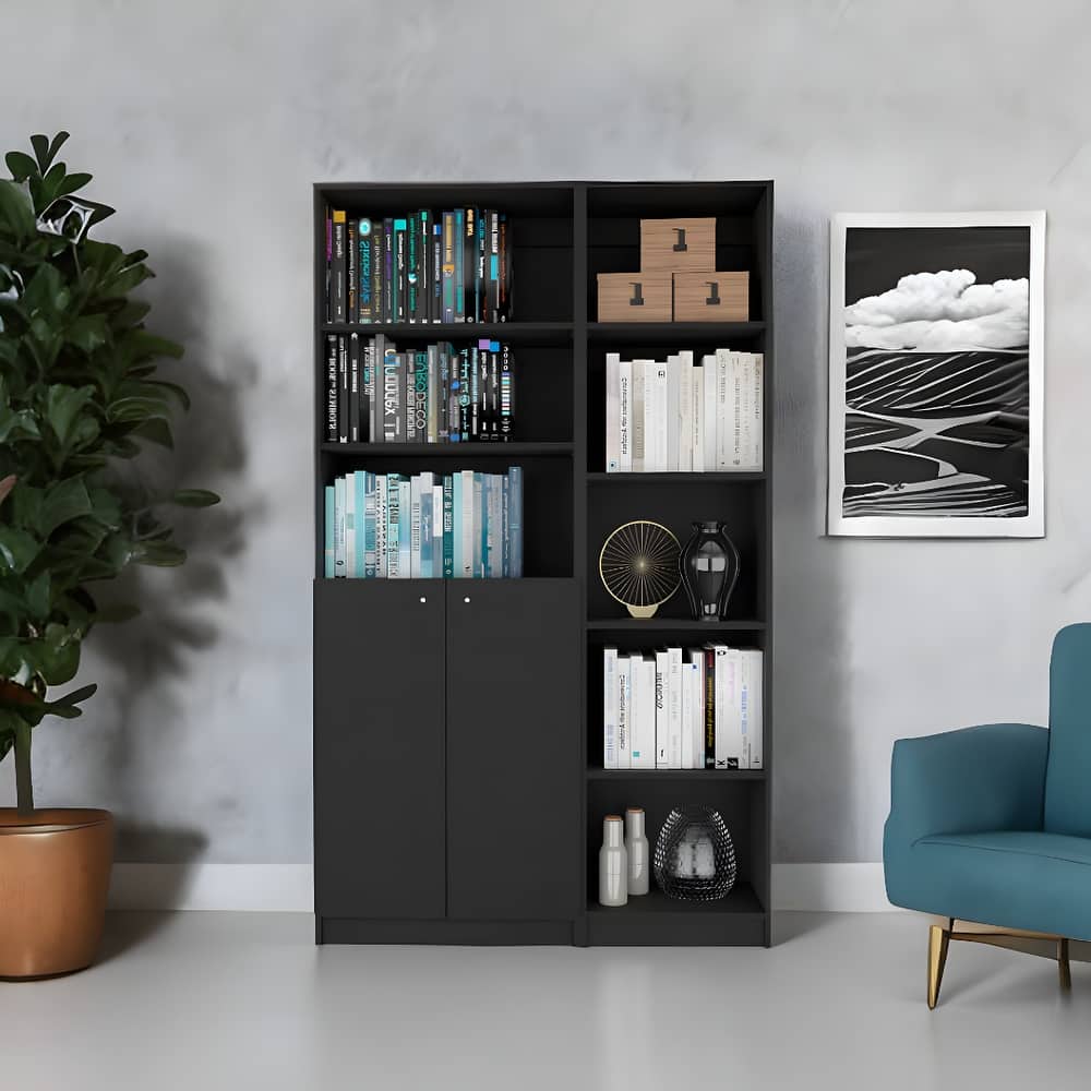 71inch Black Five Tier Bookcase with Two doors