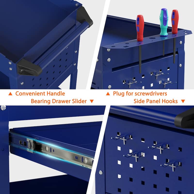 3-Tier Rolling Tool Cart on Wheels for Mechanics with Utility Drawer