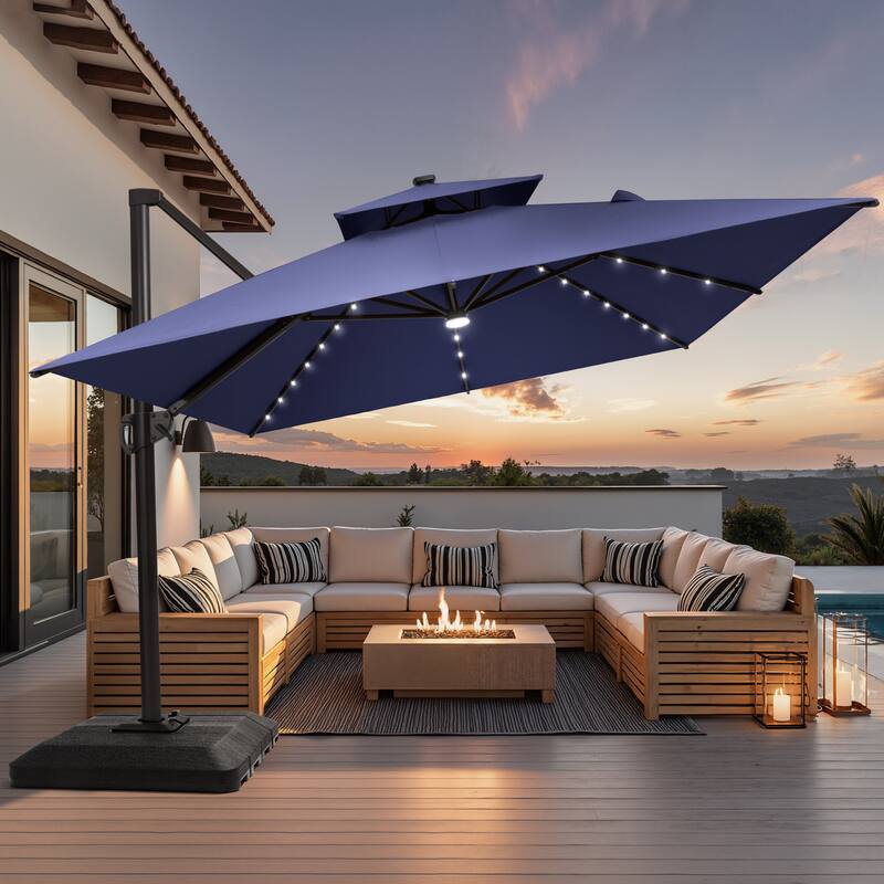 9 X 11 FT Outdoor Patio Cantilever Umbrella with Solar Lights 4-Piece Premium Base Double Canopy 360 Rotation Tilt - NavyBlue
