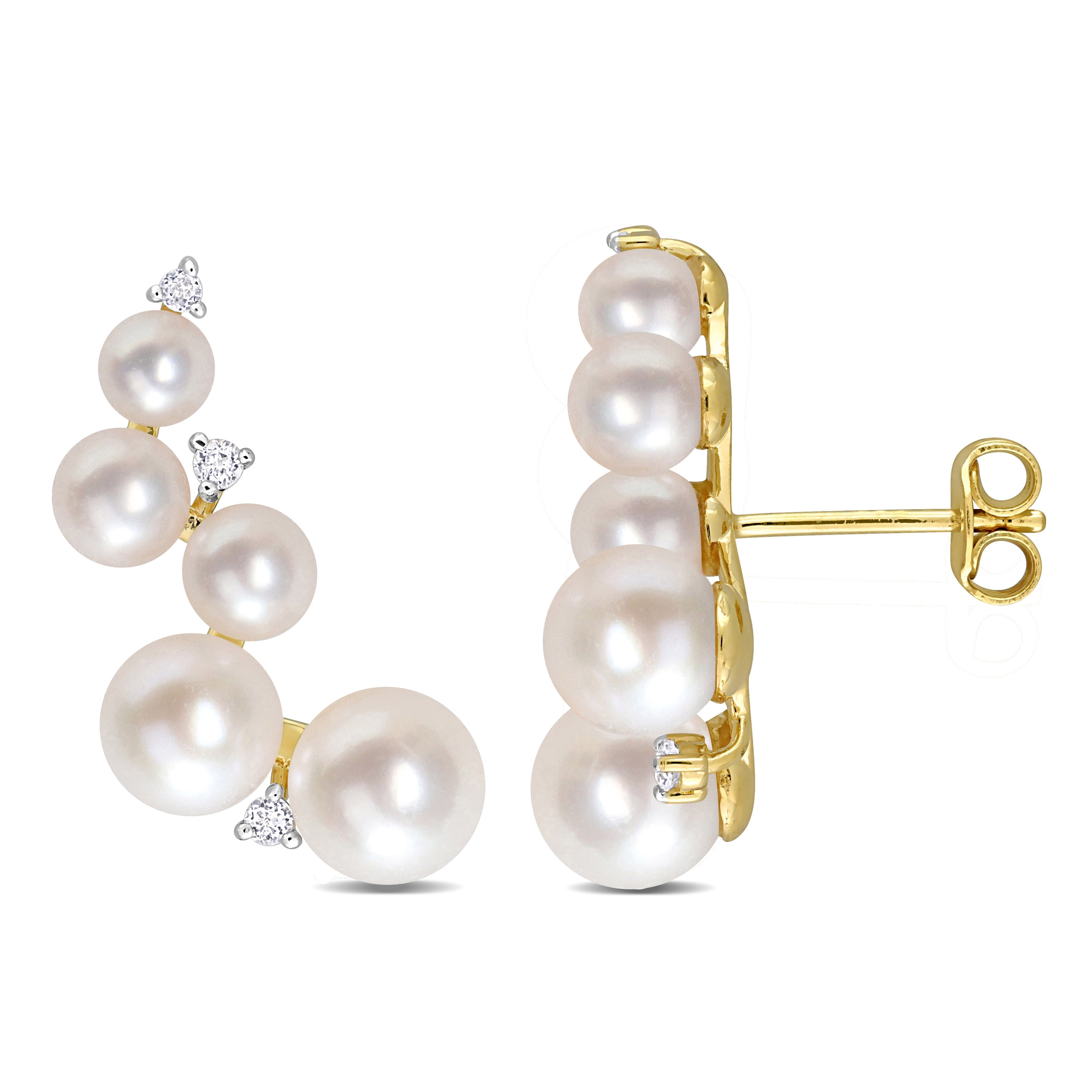 Miadora Cultured Freshwater Pearl and 1/4ct TGW White Topaz Climber Earrings in Yellow Silver