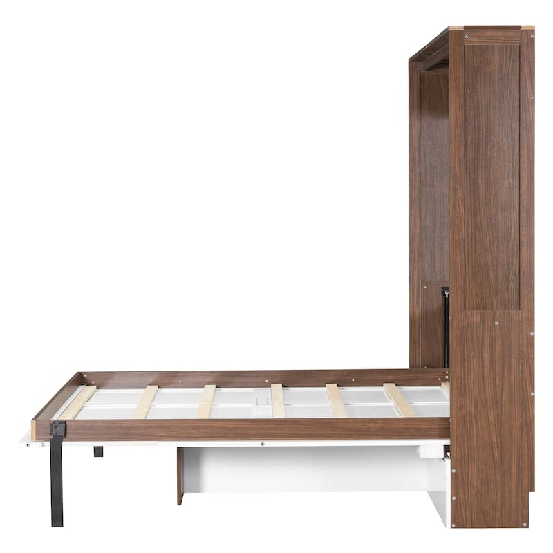 Full Size Murphy Bed Hidden Wall Cabinet Bed with Foldable Desk, Wooden Foldable Vertical Cabinet Bed Frame