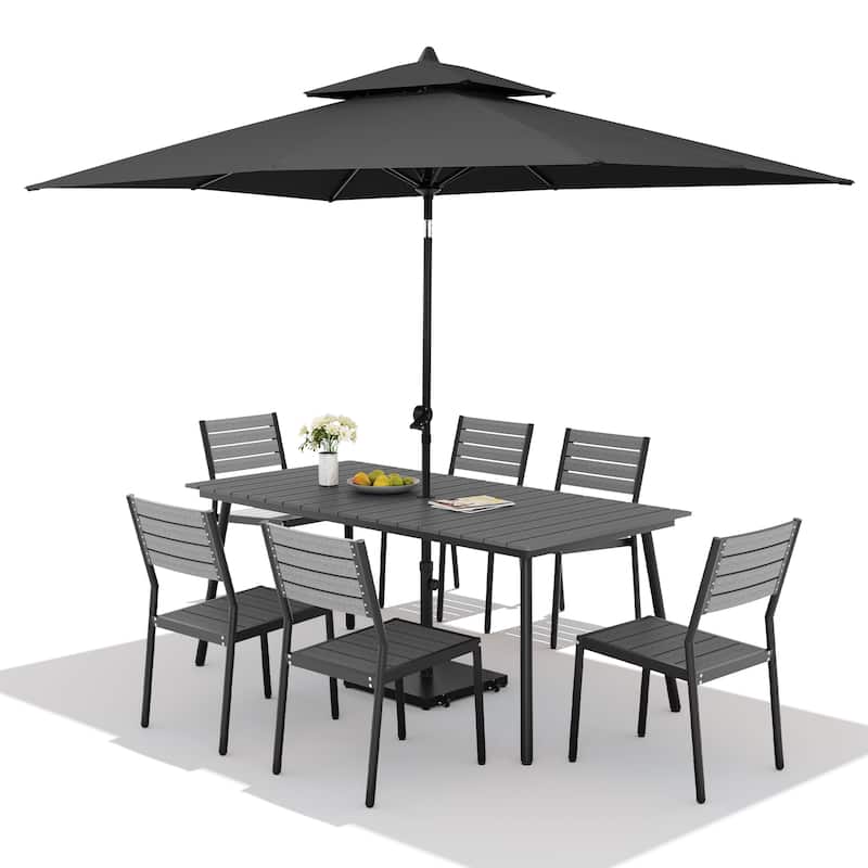 9PC Outdoor Patio Dining Set Aluminum Table with Stackable Chairs w/ Premium Market Umbrella Sets