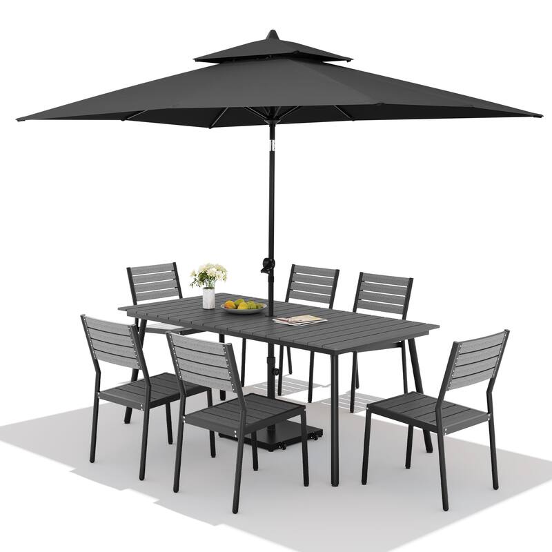 9PC Outdoor Patio Dining Set Wood-Like Aluminum Table with Stackable Chairs,Double Top Market Umbrella and Wheel Base