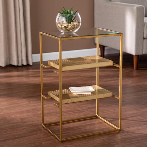 SEI Furniture Pantello Glass-Top End Table w/ Shelving, Brass