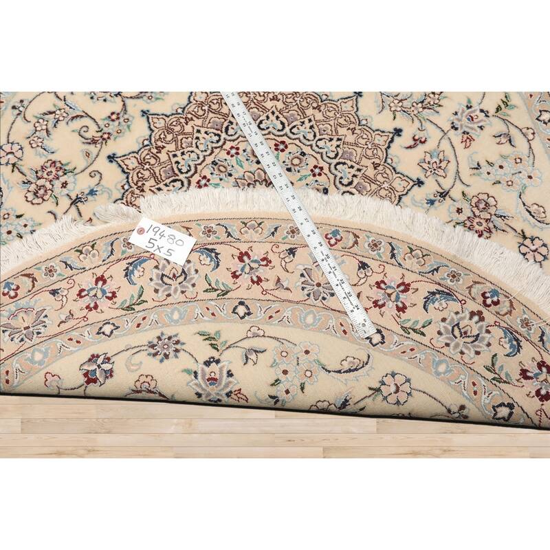 5x5 Round Hand Knotted Wool Ivory Nain Round Traditional 250 KPSI Rug - 5' x 5' -Round