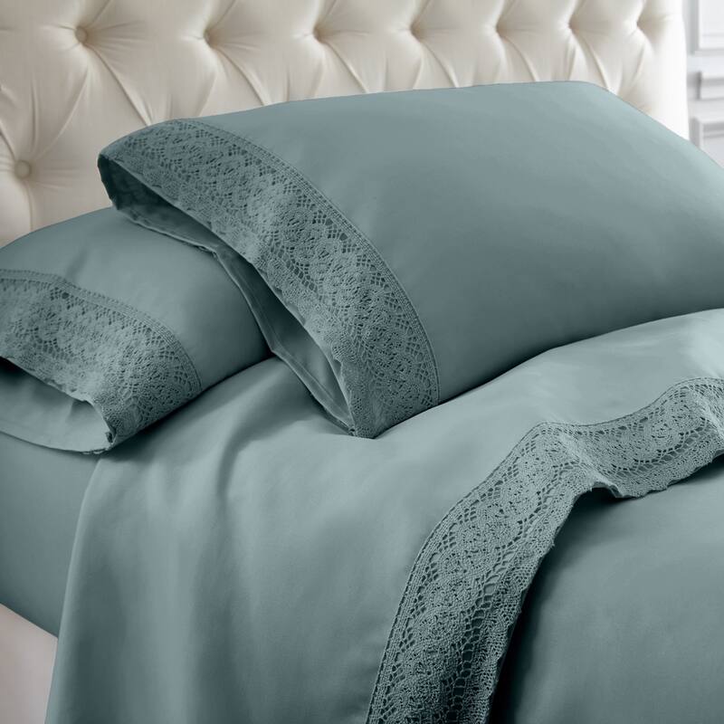 Modern Threads 4-Piece Soft Microfiber Crochet Lace Sheet Set - King - Mineral