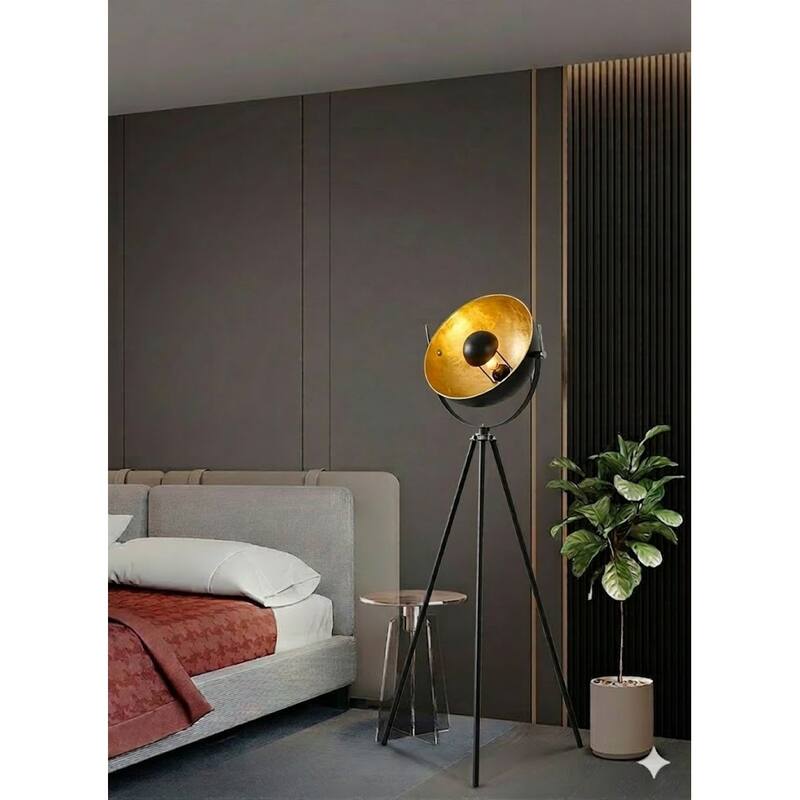 1 Light Black Tripod Floor Lamp With a Gold Leaf Interior Shade