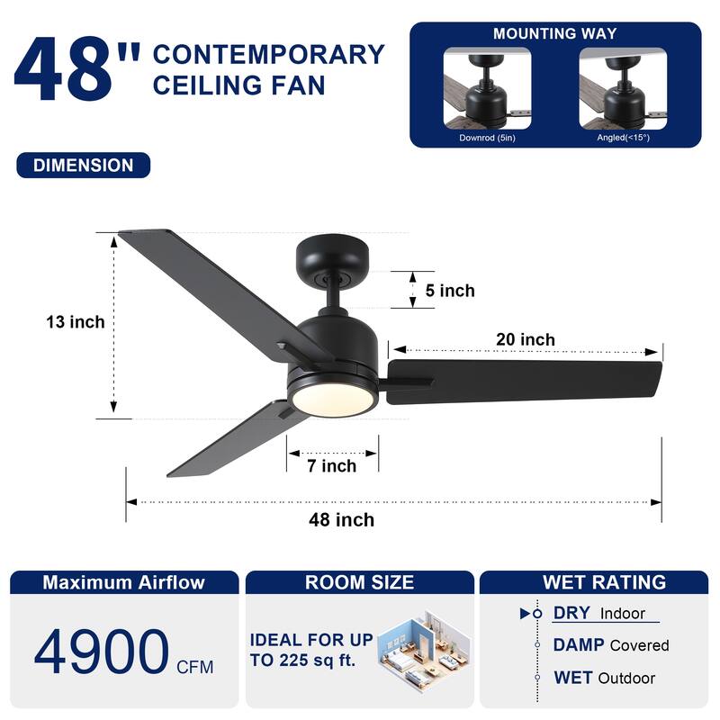 YUHAO Kaleido 48 in. Indoor Matte Black Ceiling Fans with 3-Colors Integrated LED and Dual-Finish Blades
