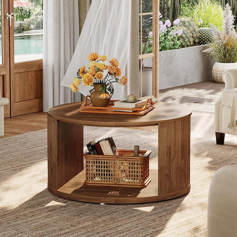 Round Coffee Table, 31.5" Circle Center Table with Fluted Drum Base and Alcove Storage, Mid-Century Modern Accent Cocktail Table