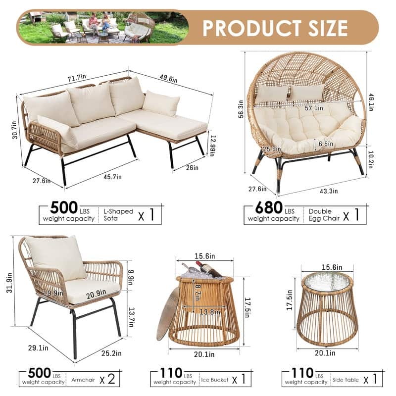 7 Piece Boho Patio Furniture Set with 2-Person Egg Chair, Outdoor Wicker Rattan Sectional Sofa with Lounge Chairs and Ice Bucket