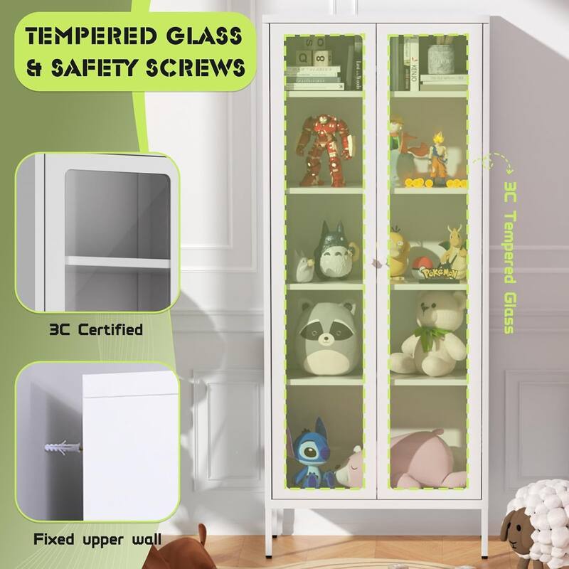 67" Display Curio Glass Metal Storage Cabinet Bookshelves with Glass Doors and 4 Adjustable Shelves