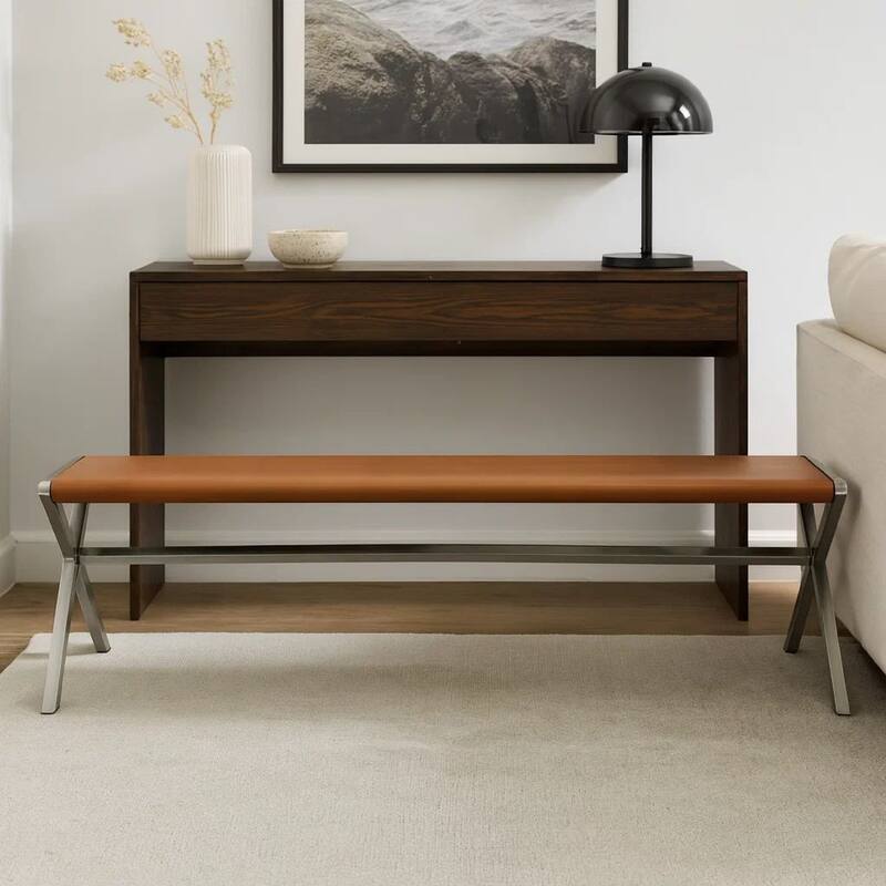 Rux 62 Inch Dining Bench, Faux Leather Seat, Steel Legs, Director Style