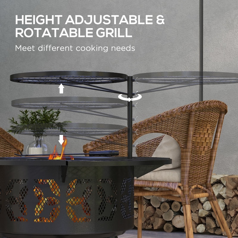 33" Portable Wood Burning Fire Pit w/ Cooking Grate, Pan, Poker - 33" Dia. x 33" H
