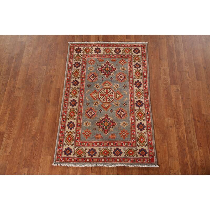 Geometric Kazak Accent Rug Hand-Knotted Grey Wool Carpet - 2'8"x 4'2"