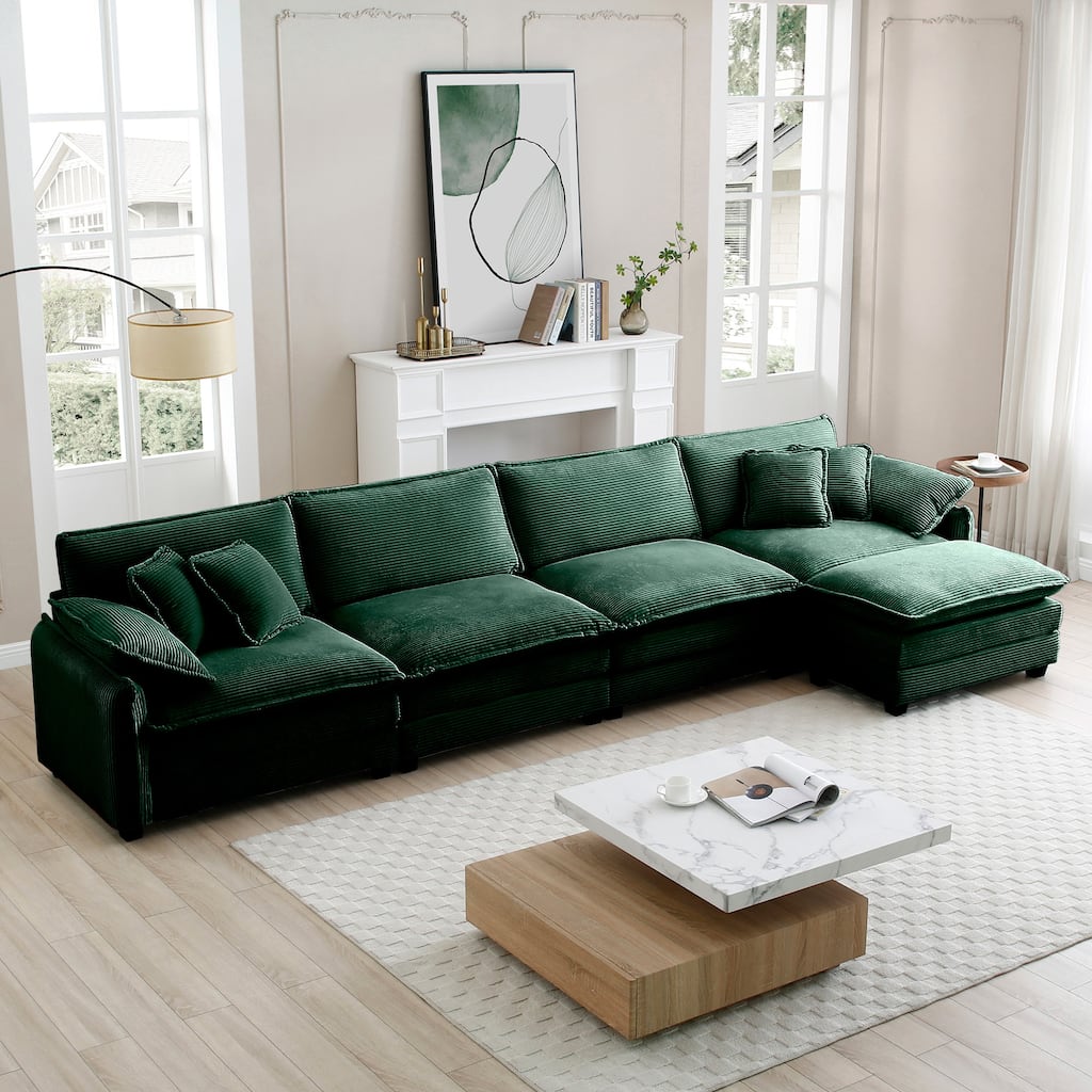5-piece Oversized Corduroy Upholstered L-Shaped Modular Sectional Sofa with Removable Ottoman and Free Combination
