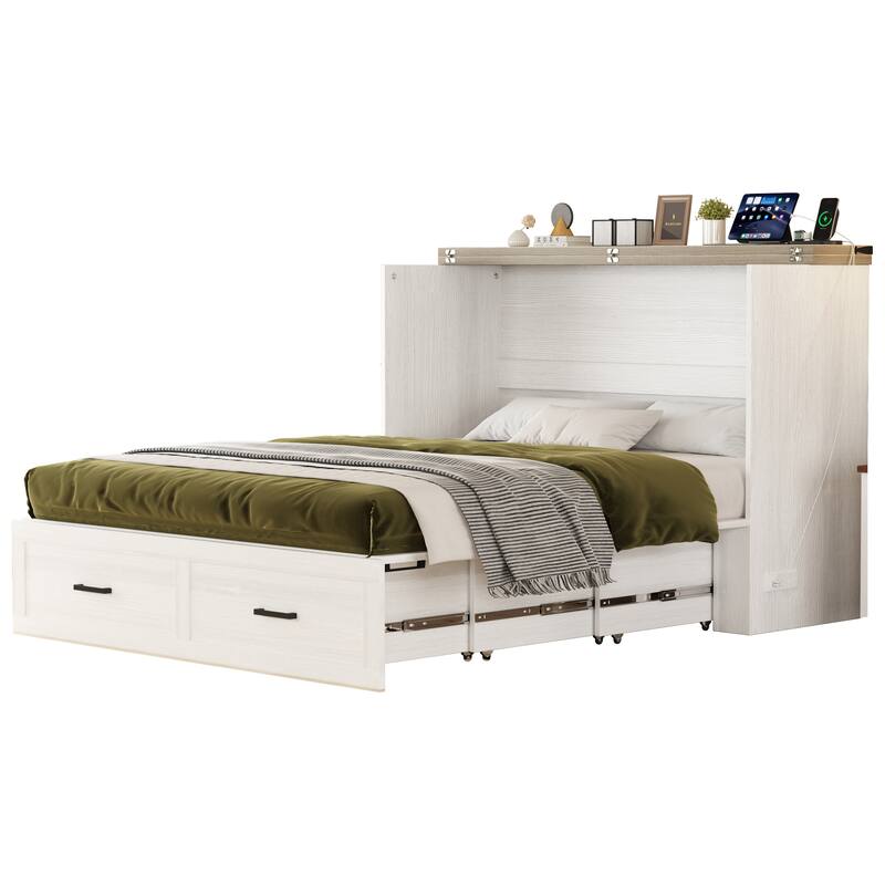 Full/Queen Size Pull Out Murphy Bed Frame, Wood Foldable Platform Cabinet Bed with Charging Station and Large Storage Drawers