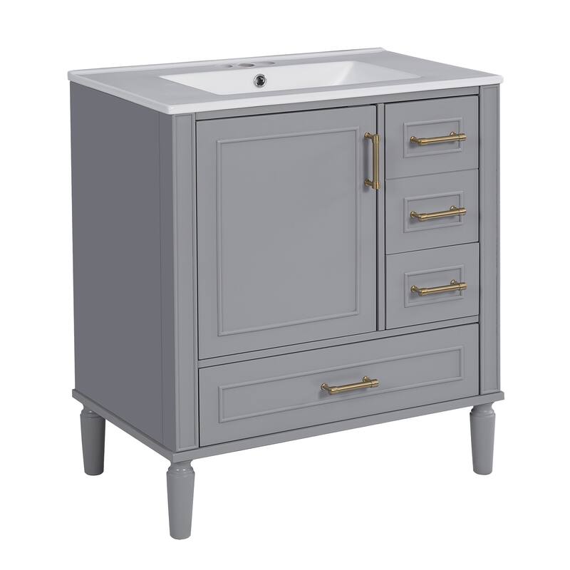 Solid Wood Bathroom Vanity with Ceramic Sink, Bathroom Storage Cabinet with 3 Drawers, Soft Close Doors & Built-in Shelf