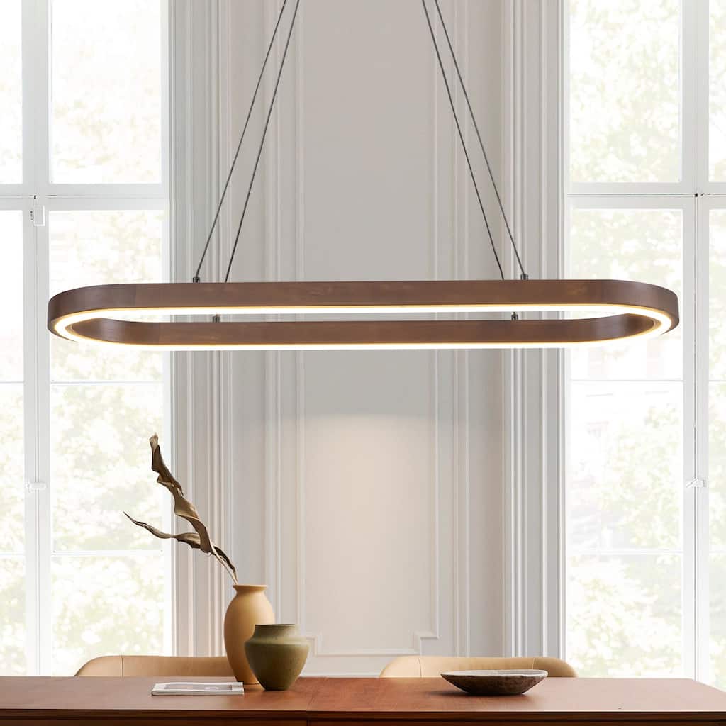 39.4" Modern Wood Oval LED Pendant Light - 39W 3000K Warm Light Linear Ceiling Pendant, Dimmable LED Fixture for Dining Room