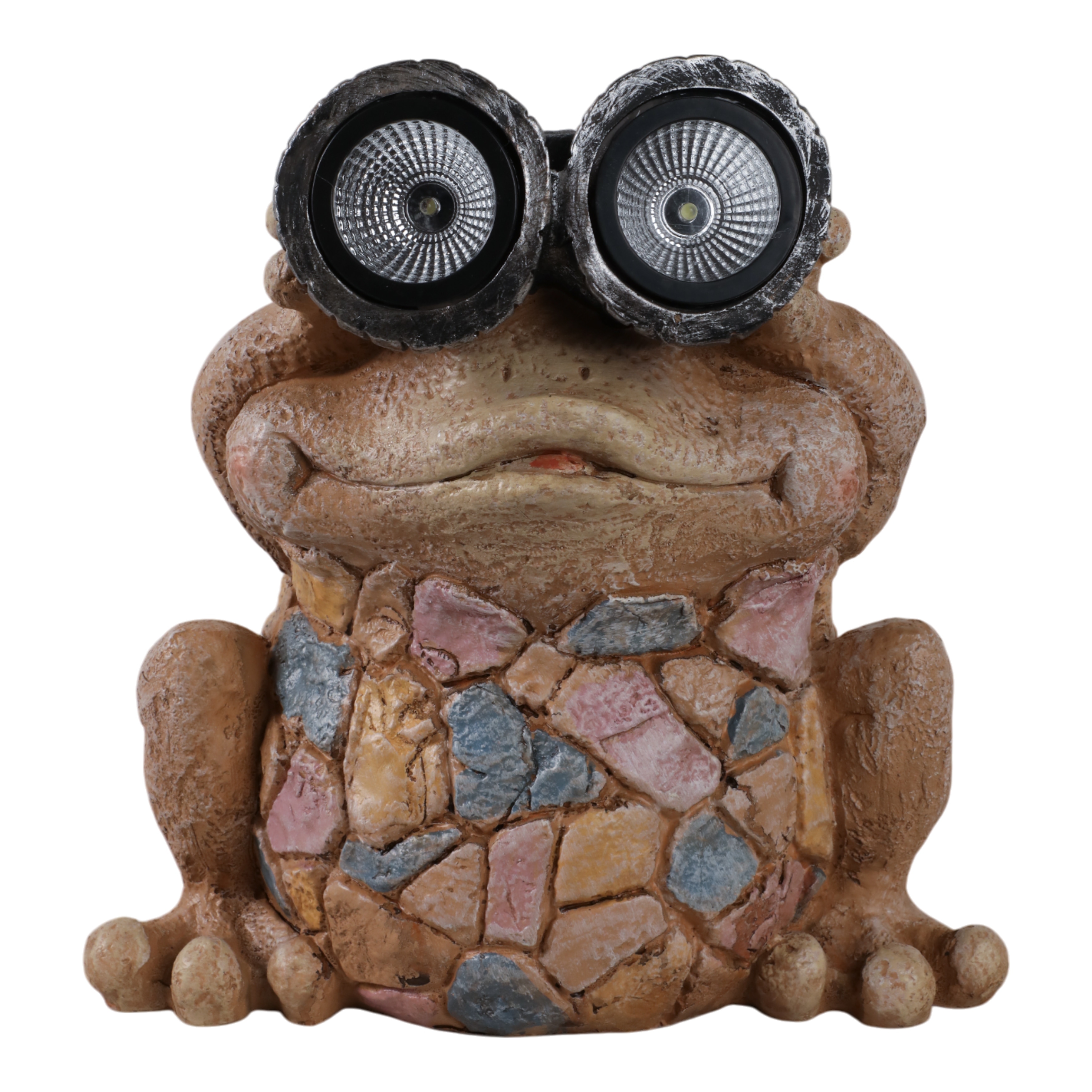 Resin Frog Statuary Solar-Powered Light-Up Goggles and Mosaic Texture