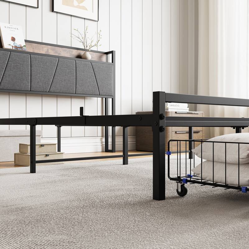Vintage Brown and Gray Bed Frame with Storage Headboard Charging Station and 2 Drawers Easy Assembly