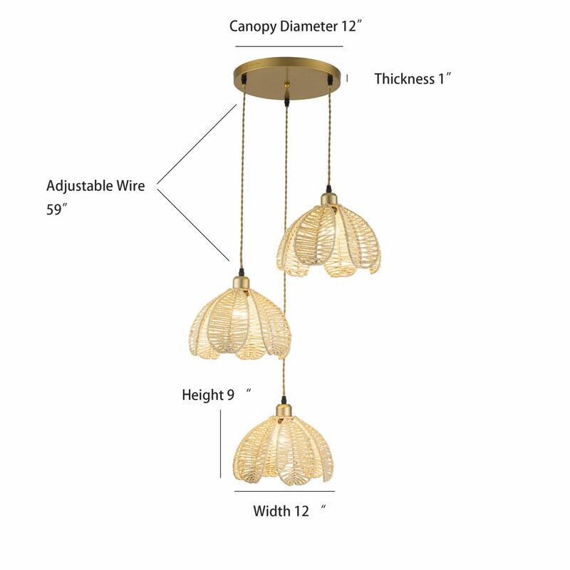 Cali 3-Light Rattan Hemp Cluster Pendant, Coastal Boho - Handwoven - 21" Wide
