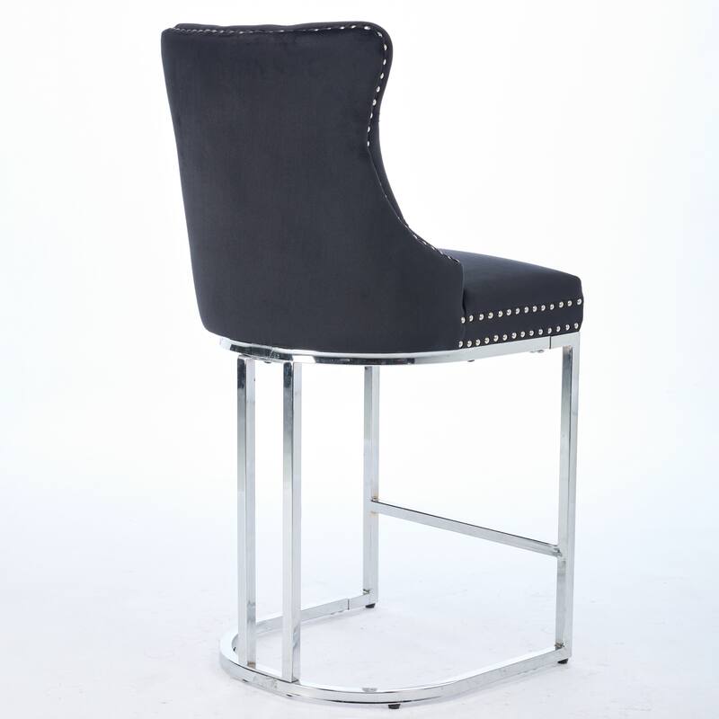 Set of 2 Modern 25 Inch Counter Bar Stools Velvet Upholstered Button Back Chrome Legs