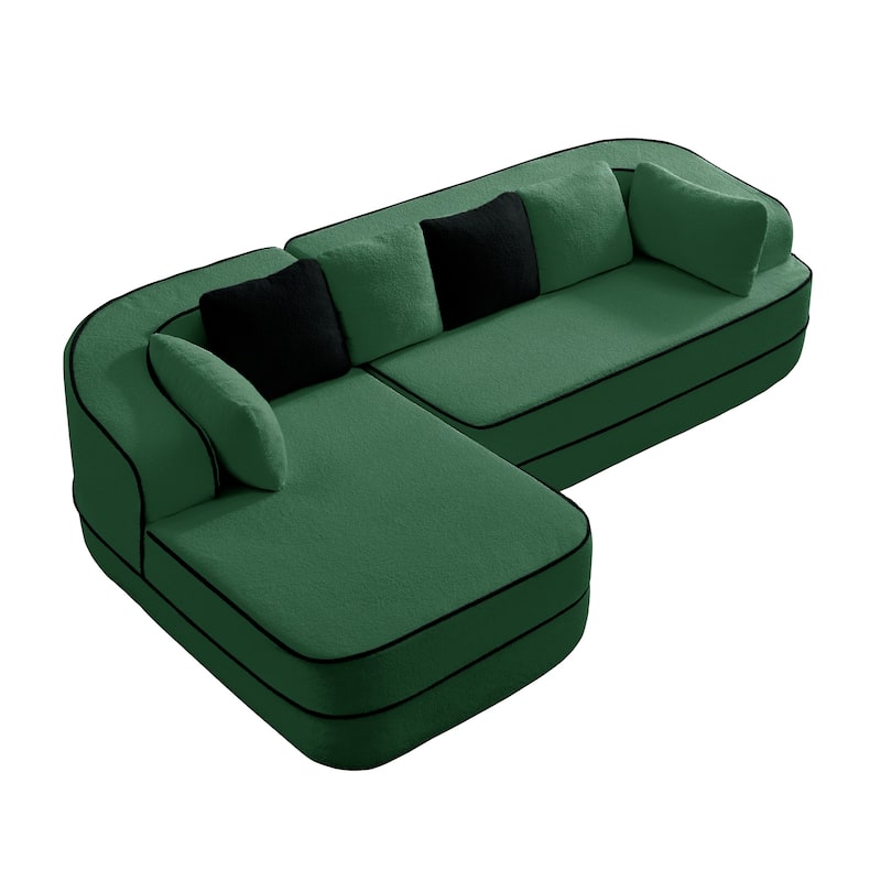 Teddy Fabric Contrast Sofa for Living Room, Upholstered Sectional Couch with L-Shaped Chaise, Boneless Couch with Throw Pillows