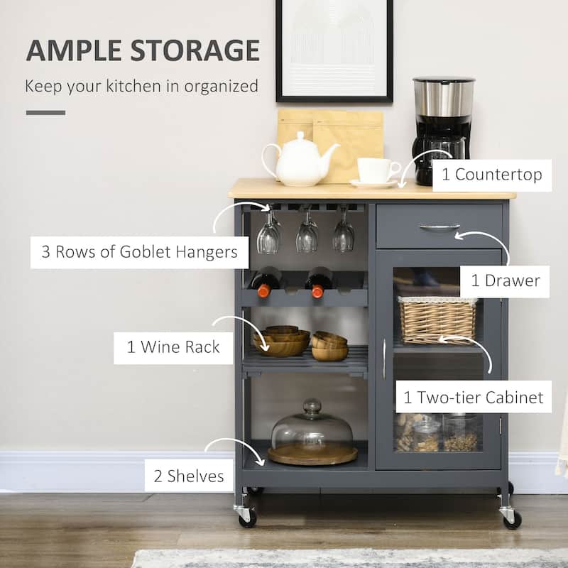 Rolling Kitchen Island with Storage, Kitchen Cart with 4-bottle Wine Rack, Stemware Holder, Shelves, Drawer and Cabinet