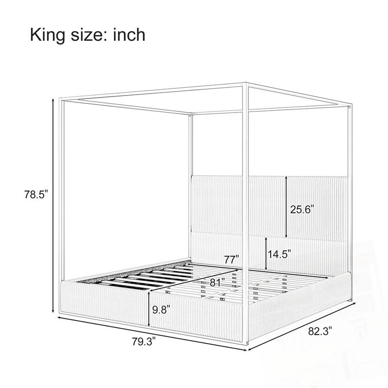 Modern Metal Canopy Bed with Tall Upholstered Headboard and Gold Four Poster