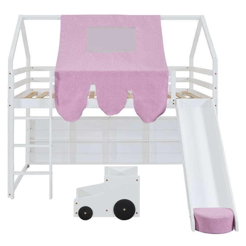 House-Shaped Wooden Loft Bed with Tent, Slide & Storage - Twin/Full Size in White & Pink