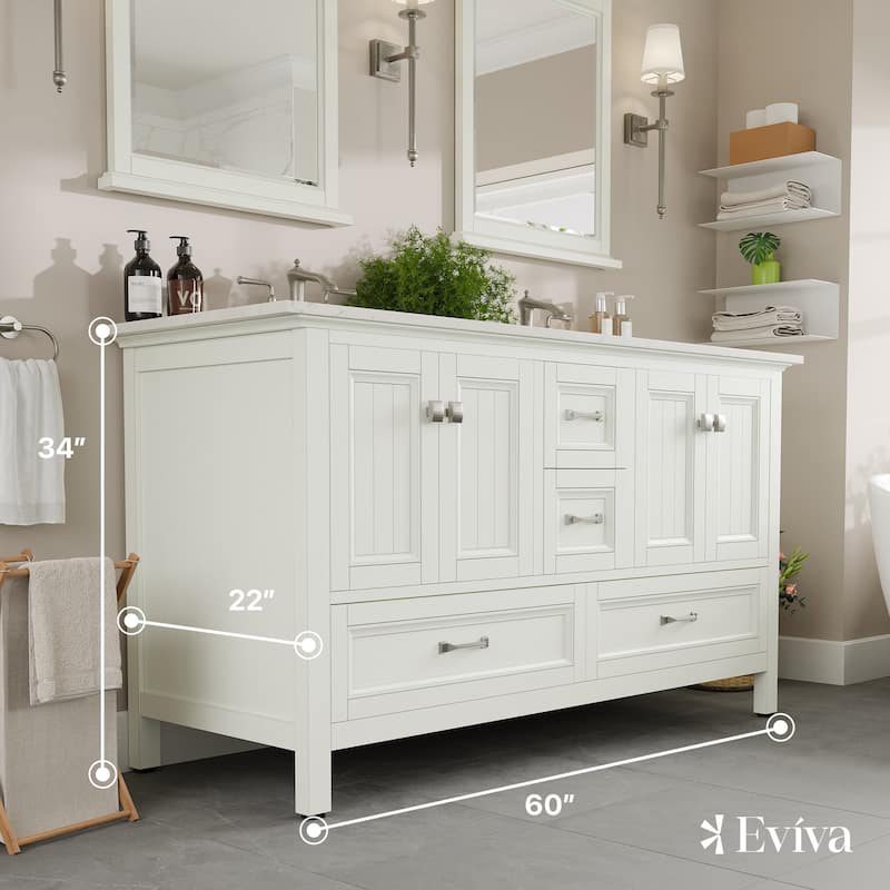 Eviva Britney 60"W x 22"D White DS Bath Vanity with Carrara Quartz Top