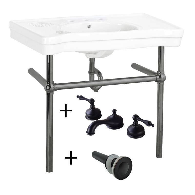 White Console Sink Porcelain Vitreous China Belle Epoque with Nickel Bistro Legs and and 8" Widespread Faucet Renovators Supply