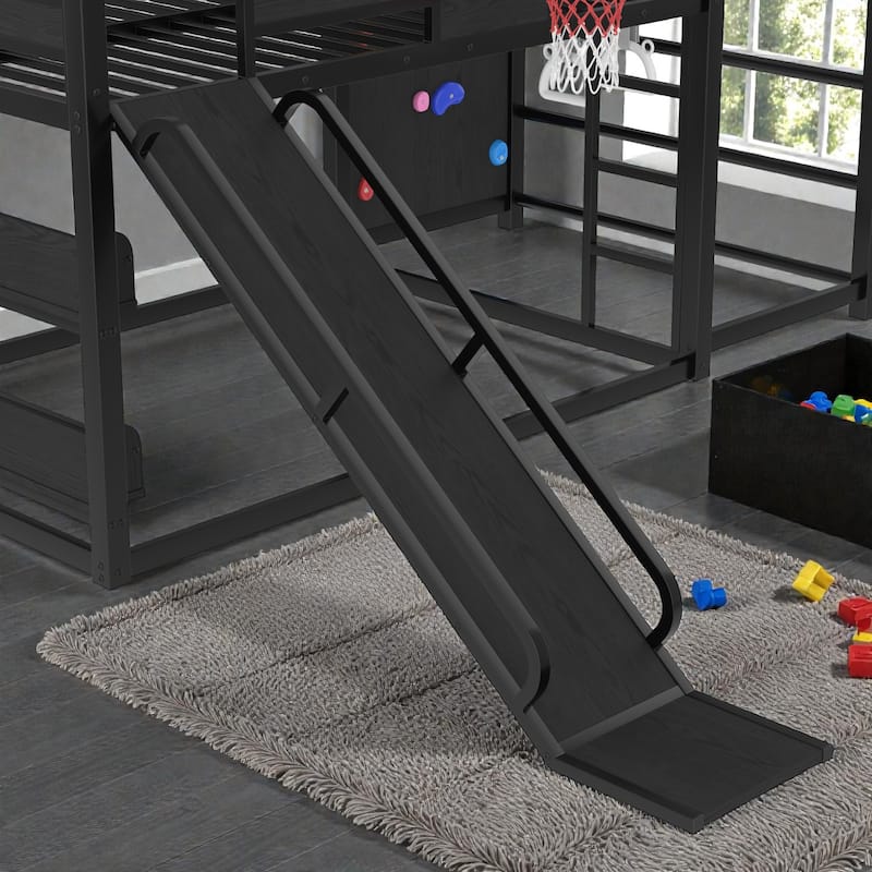 Kids Metal Loft Bed with Slide, Basketball Hoop, Climbing Wall, Pull-Up Rings and Bookshelves
