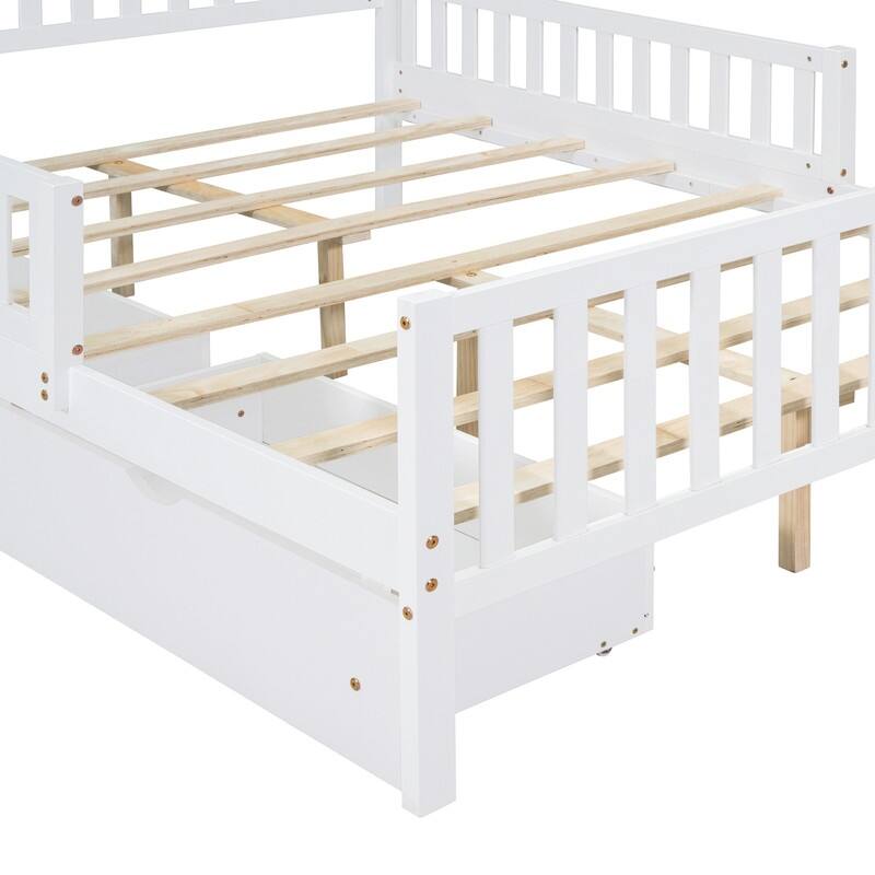 Full Size Wood Platform Bed with Guardrails and 2 Storage Drawers