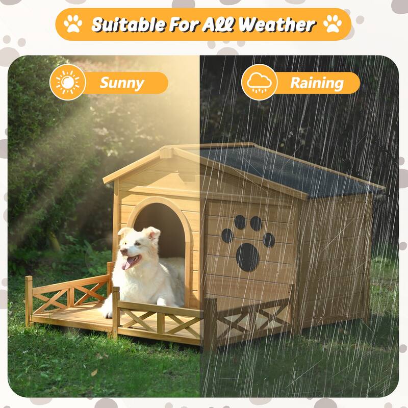48" Wooden Dog House with Porch, Dog Kennel with Water-Resistant Asphalt Roof and Fencing, Dog Crate with Paw Print, Medium