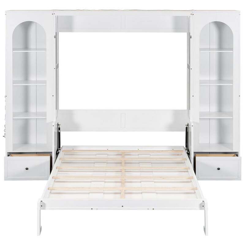Queen Size Murphy Bed w/ Built-in Desk, 2 Arched Cabinets and 2 Drawers, Luxurious Folding Bed Frame w/ LED Light