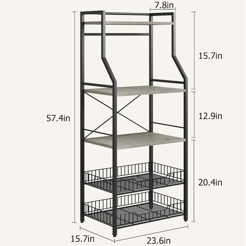 5-Tier Kitchen Bakers Rack Microwave Oven Stand with 2 Large Wire Basket - 15.7"D x 23.6"W x 50.7"H