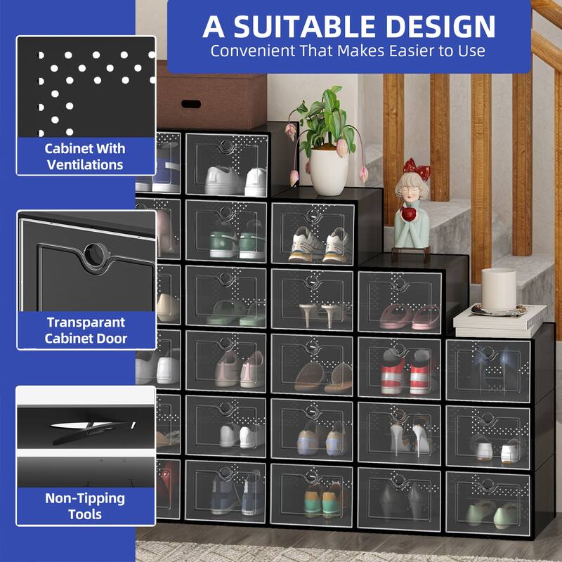 Shoe Storage Boxes 24Pcs Stackable Plastic Sneaker Organizer Transparent Case