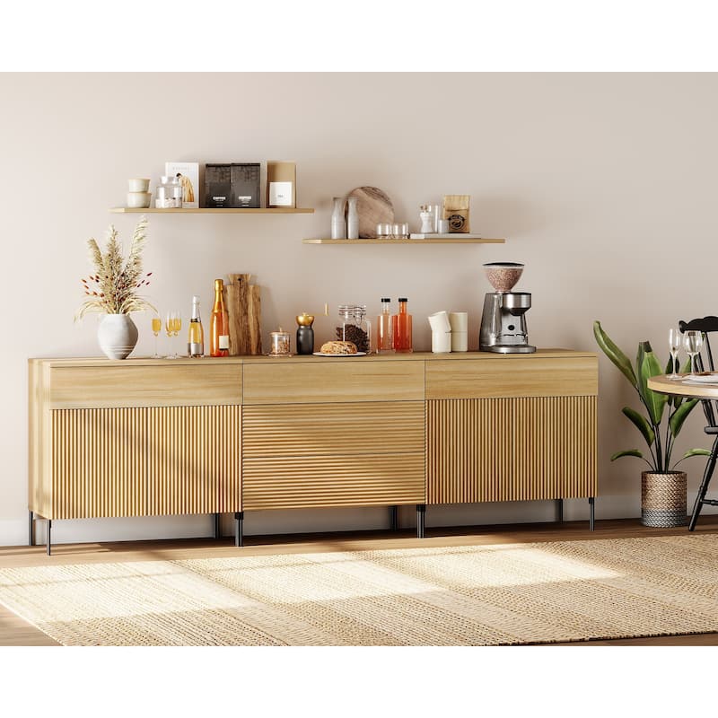 94.5" Modern Reeded Minimalist Sideboard With Doors And Drawers, 3-In-1 Wooden Credenza