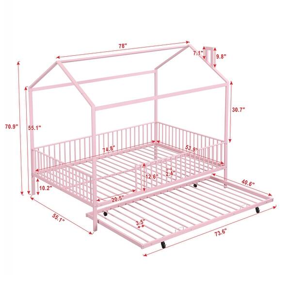 dimension image slide 0 of 2, Full Size House-shaped Platform Bed with Full-length Fence, Metal Bed with With Trundle for Bedroom, White