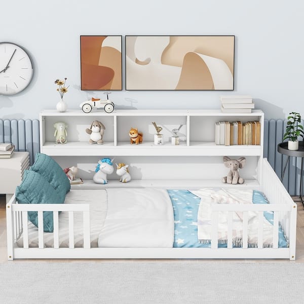 slide 2 of 11, Full Size Floor Bed with Side Bookshelf,Guardrails, for kids White