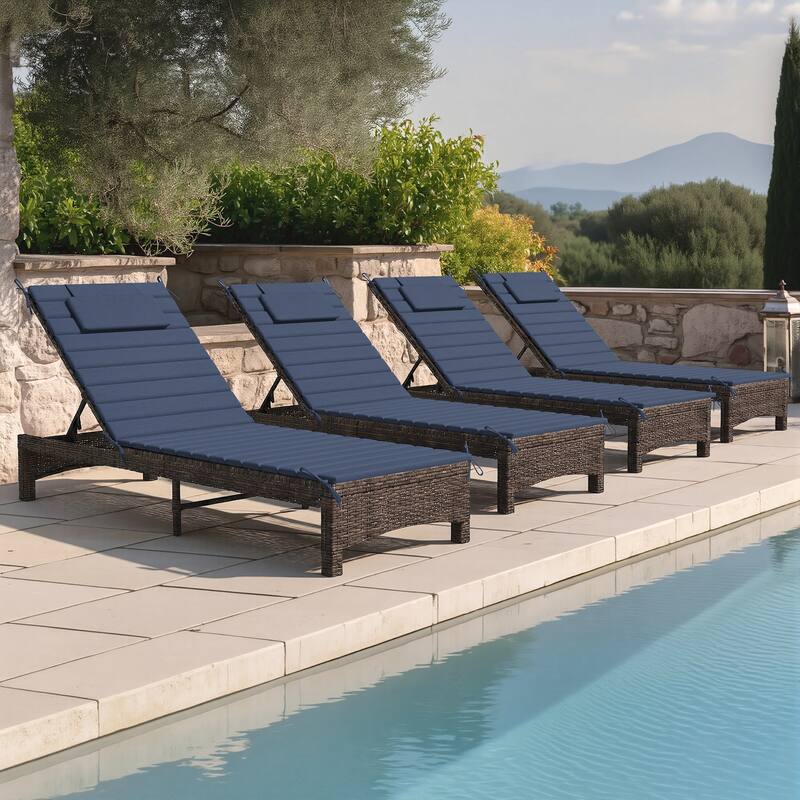 Outdoor Chaise Lounge Cushion Quilted Patio Sun Lounger Pad with Straps - 4PC - Navy Blue, Fits 78"-82" chaise